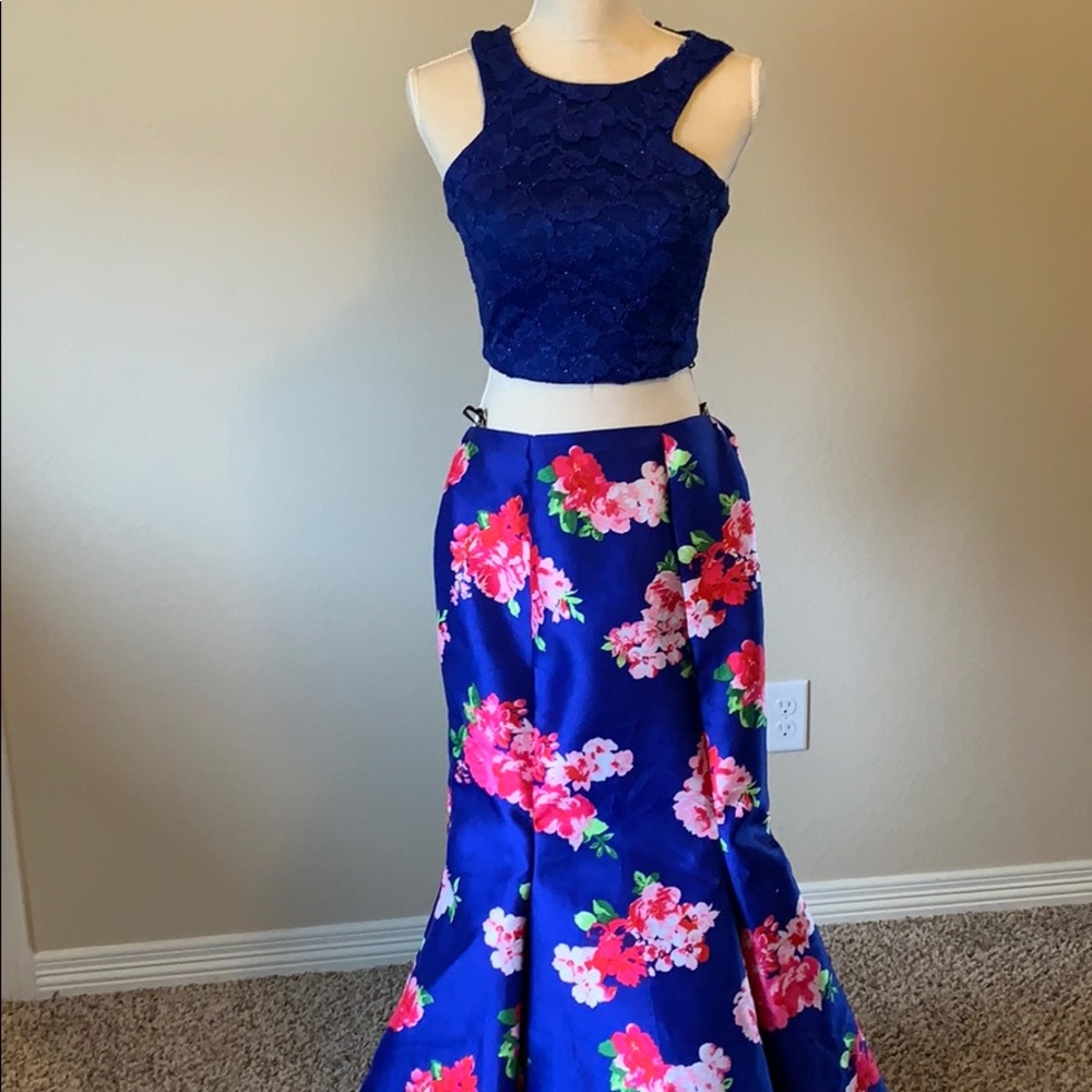 B Darlin Navy Two-Piece Floral Prom Dress
